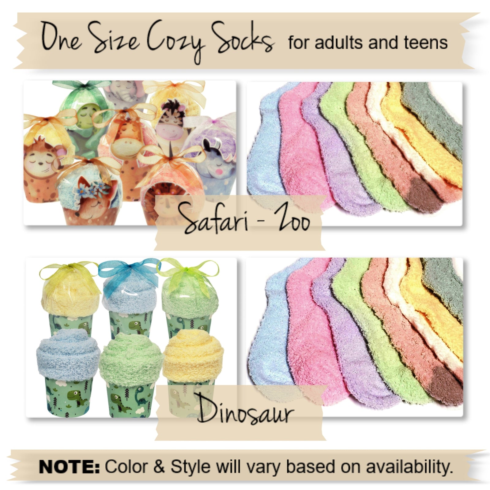 Zoo Animals and Dinosaur themed Fuzzy Cupcake Socks Gift Favors for Guests