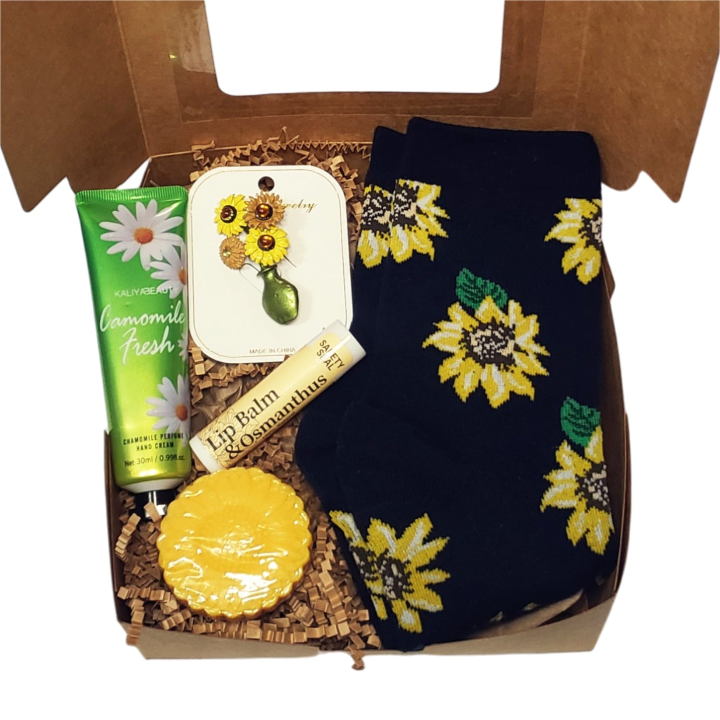 Sunflower care package gift box for women or teen girls. Cheerful gift set Packaged with a ribbon bow and gift tag, ready for gifting.