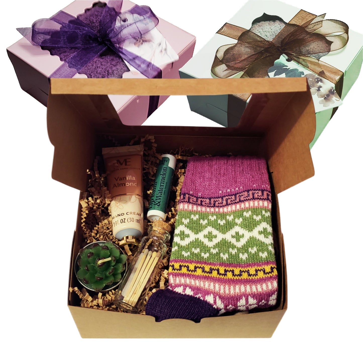 Each box includes 1 pair of wool socks, a mini succulent candle, nourishing lip balm, travel-size hand lotion, and matches in a glass jar with a cork stopper — all wrapped with a ribbon bow and gift tag, ready to gift. Ideal for women of all ages, this versatile box makes a lovely present for friends, coworkers, moms.