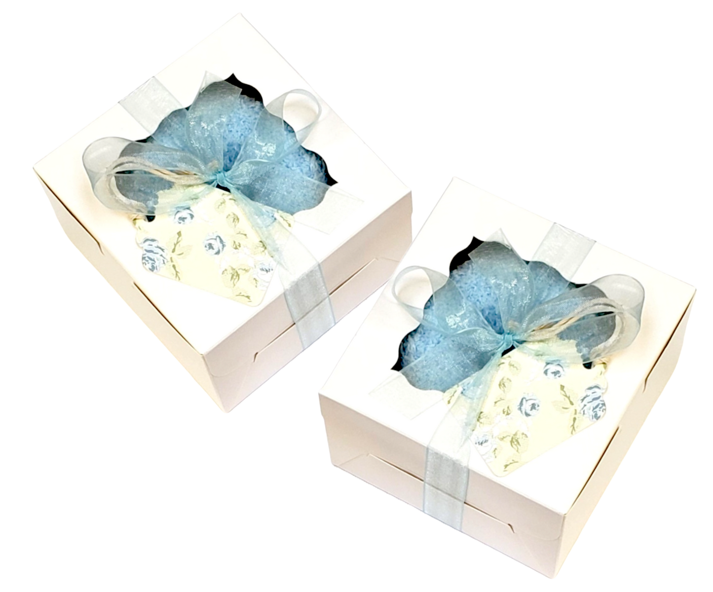 blue fuzzy donut socks in small box. Donut party favors.