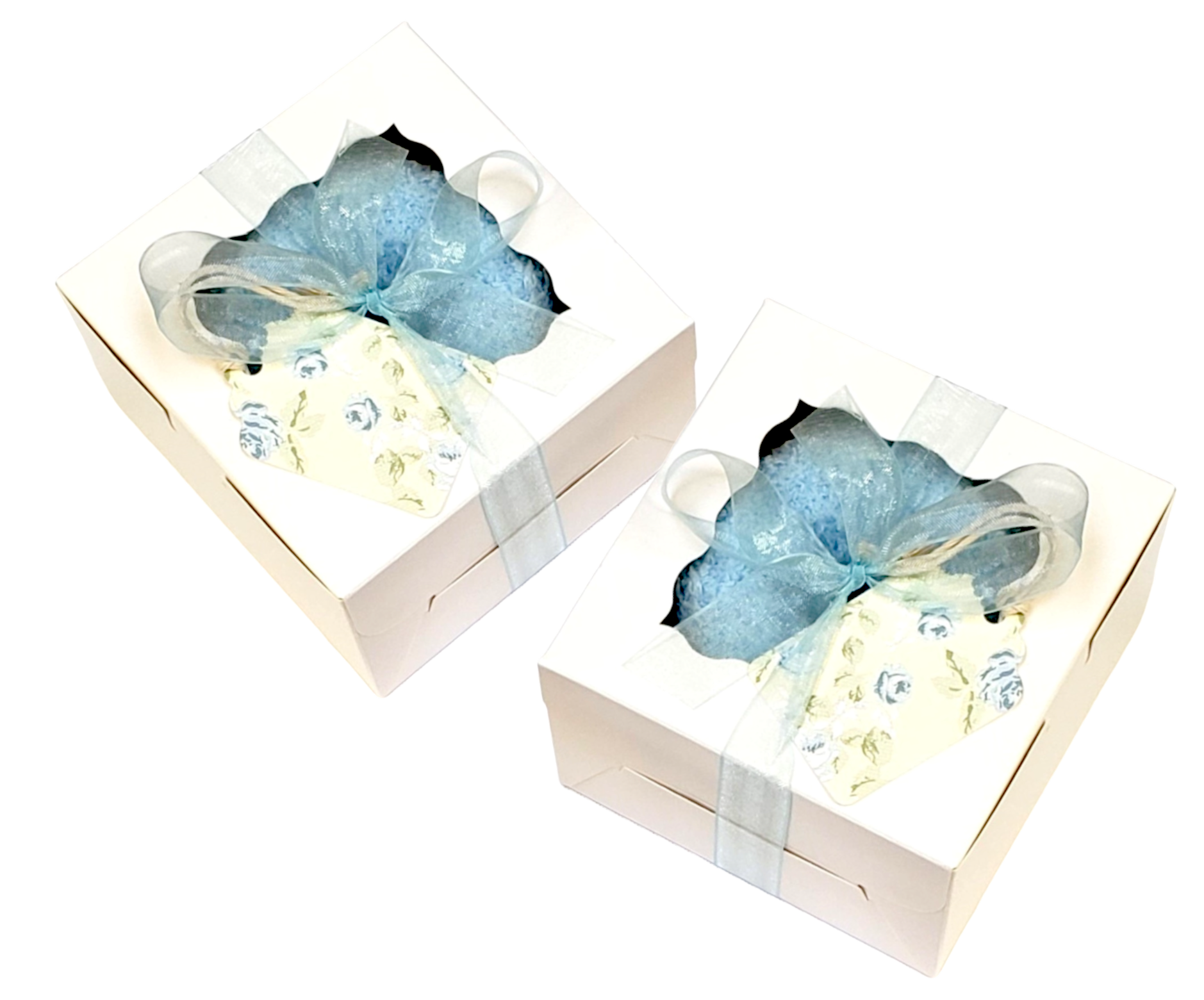 blue fuzzy donut socks in small box. Donut party favors.