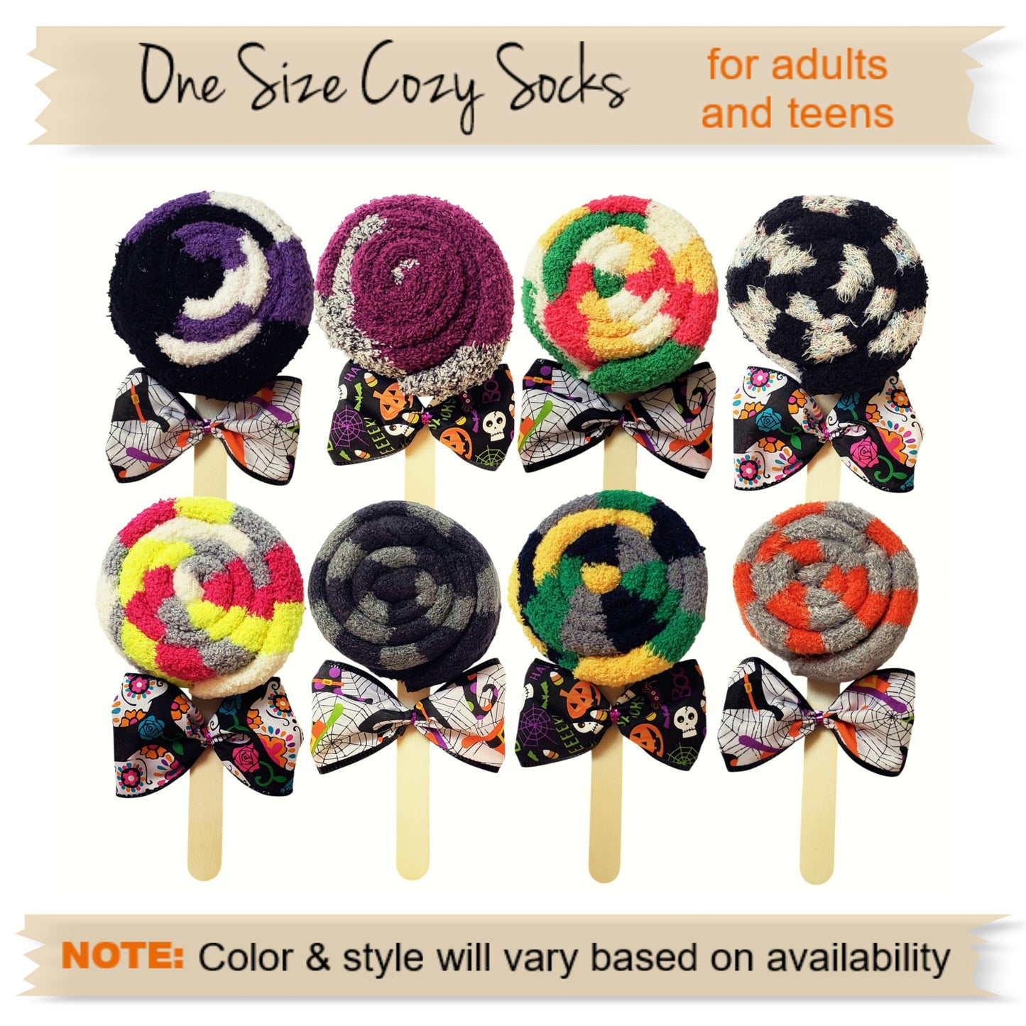Cozy Halloween Party Gift Favors for Adults & Teens, Non-Candy Halloween Treat, Halloween Fuzzy Socks Lollipops