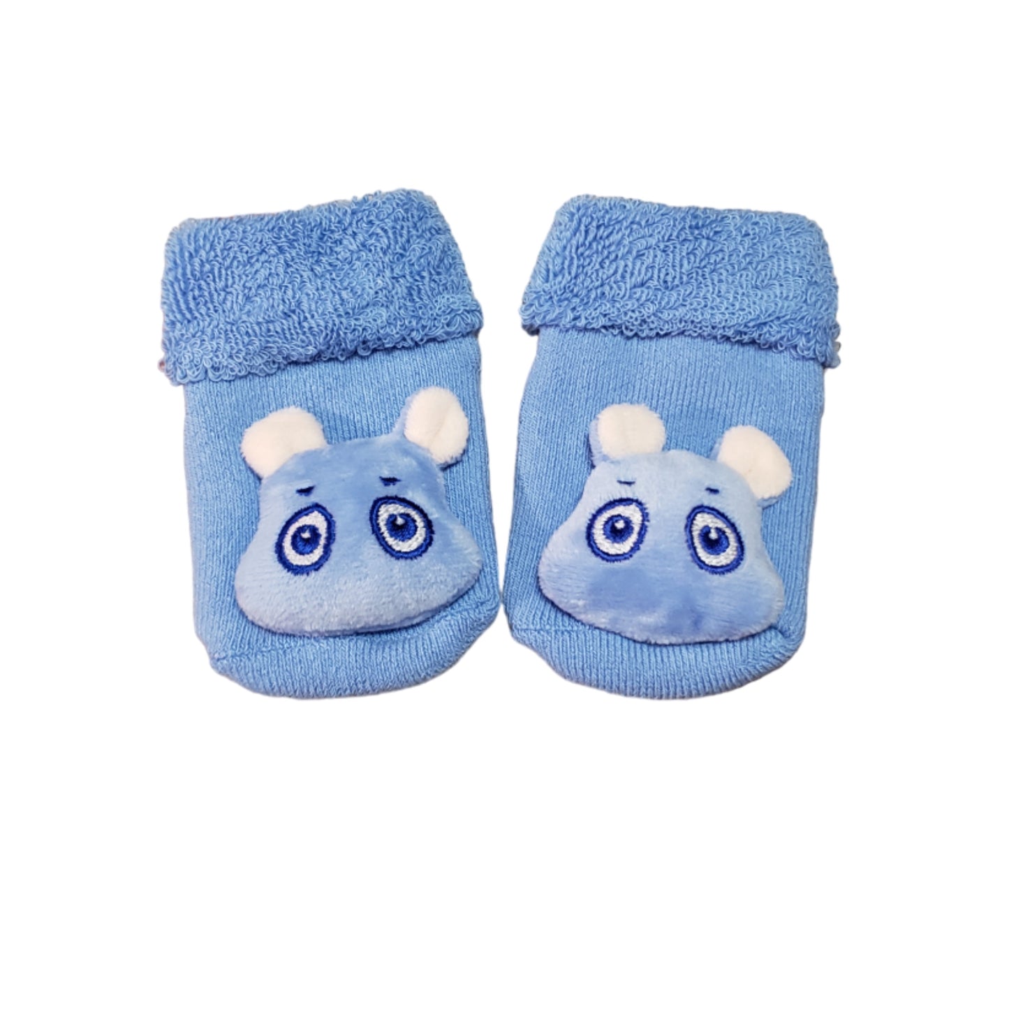Blue cozy socks with plush cartoon hippo, for baby and toddler