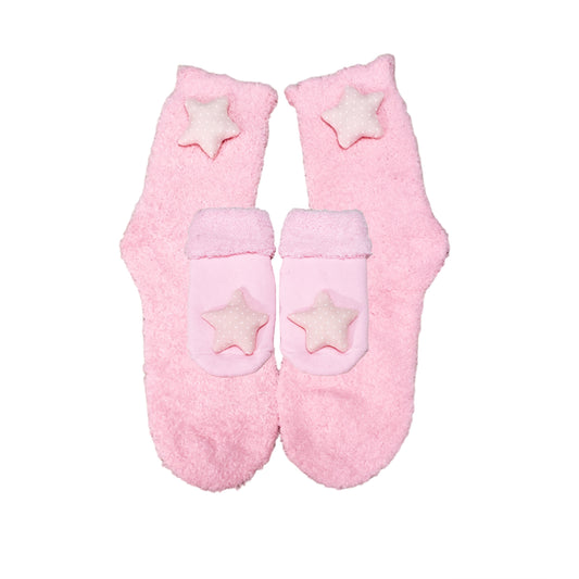 Pink Mommy and Me Matching Socks with plush Star embellishment
