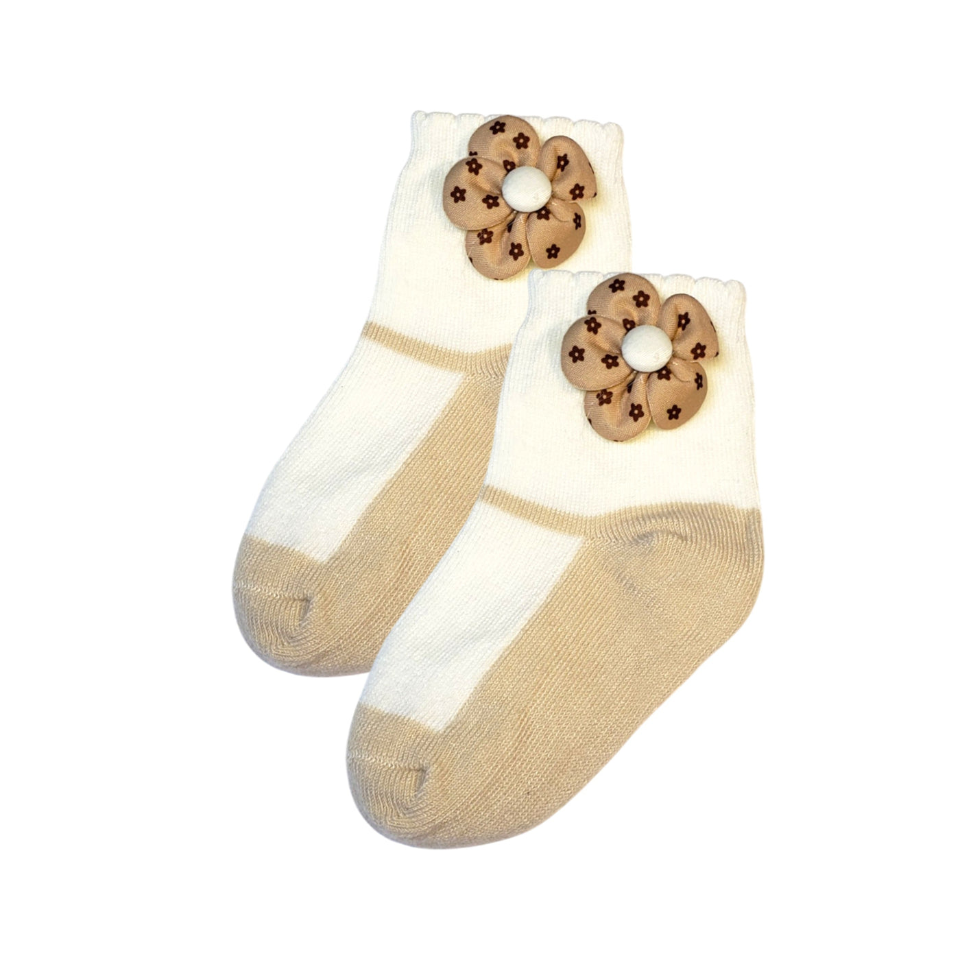 Beige baby girl socks with fabric flower – soft, breathable everyday socks for babies and toddlers, sizes 3-12 months and 1-2 years