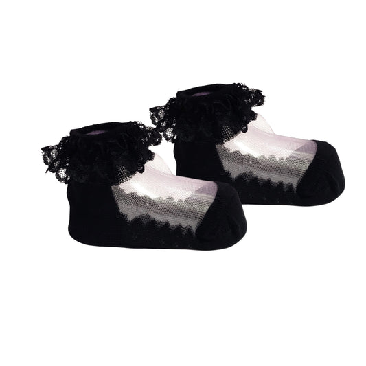 Black baby girl dress socks with lace trim, lightweight and breathable, for 3 to 12 months