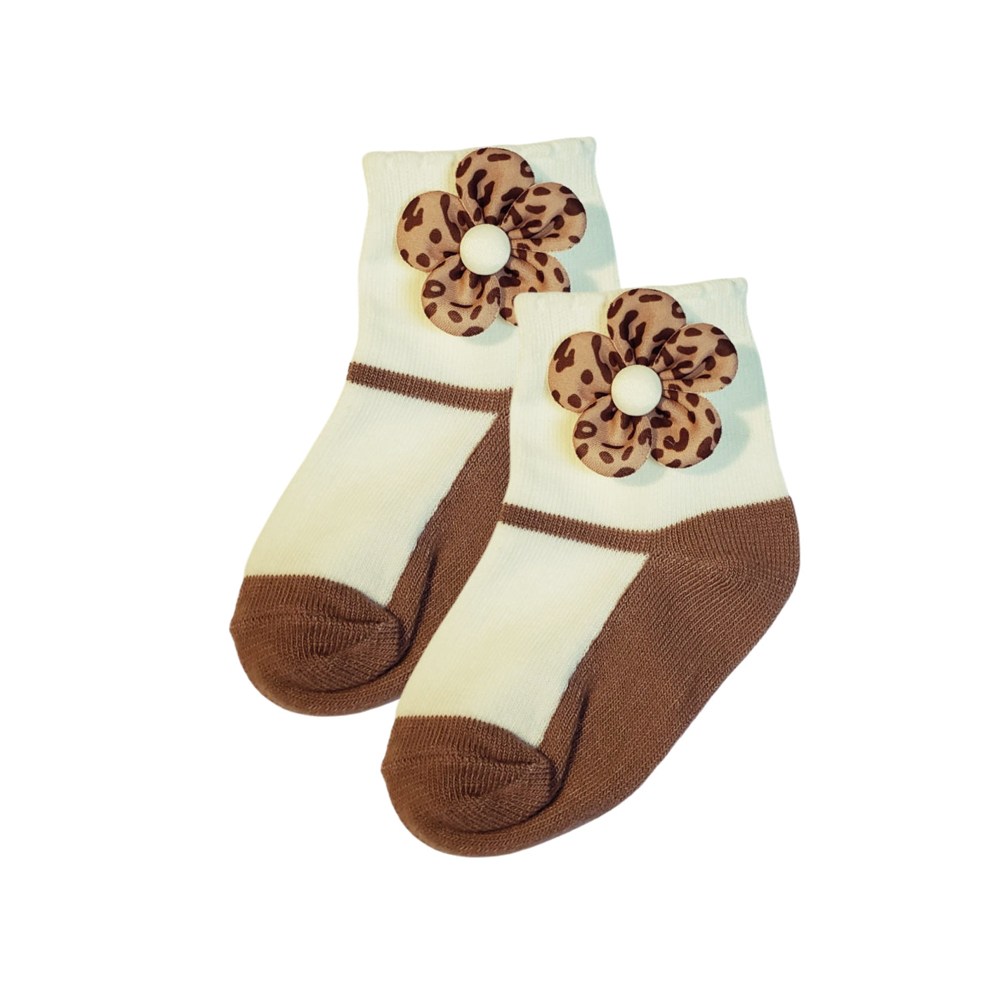 Brown baby girl socks with soft fabric flower – lightweight everyday socks for babies and toddlers, sizes 3-12 months and 1-2 years
