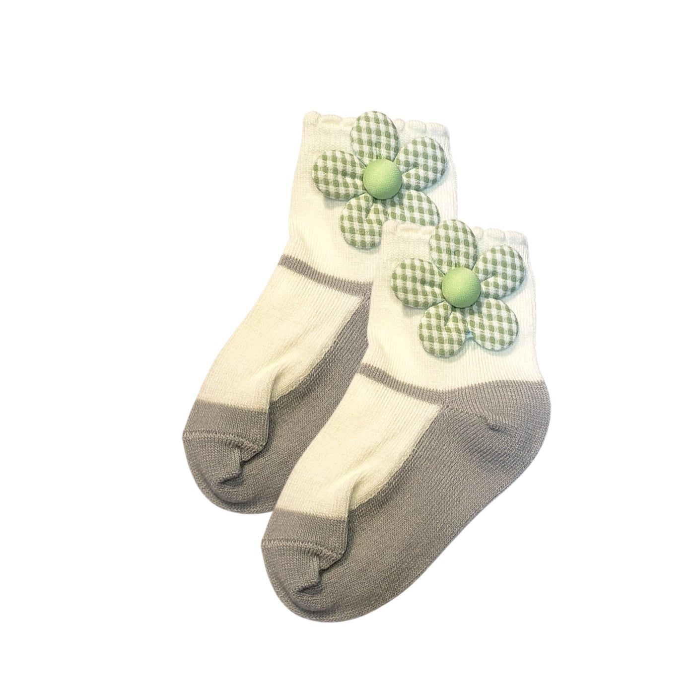 Gray baby girl socks with pale green fabric flower – lightweight everyday socks for babies and toddlers, sizes 3-12 months and 1-2 years