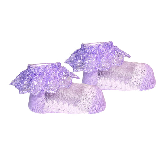 Lavender baby girl dress socks with lace trim, lightweight and breathable, for ages 3 to 12 months