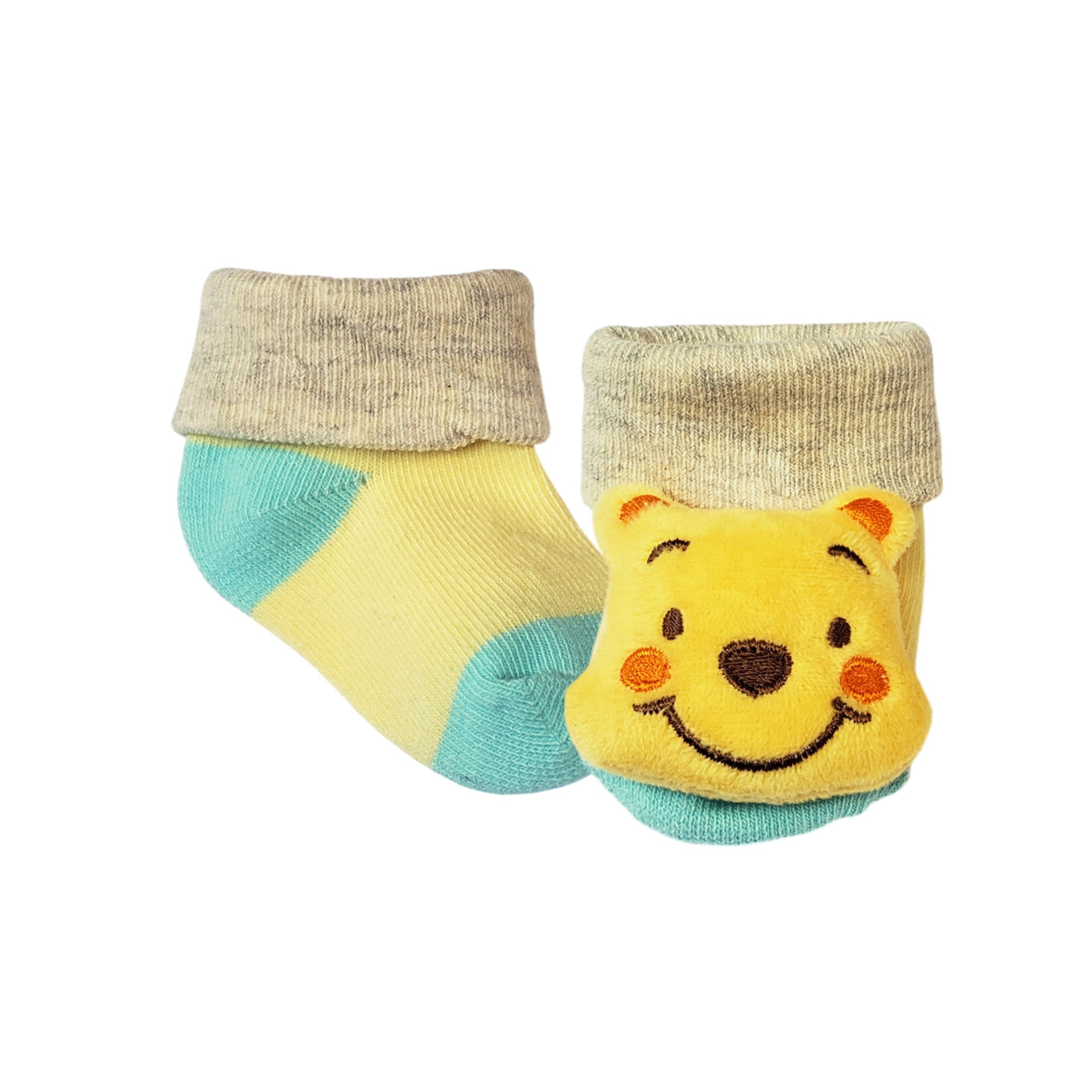 Baby socks with plush Winnie the Pooh yellow bear, for infants 0 to 6 months