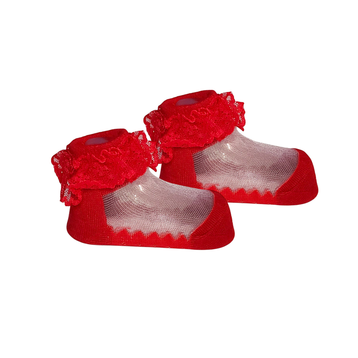 Red baby girl dress socks with lace trim, lightweight and breathable, for ages 3 to 12 months