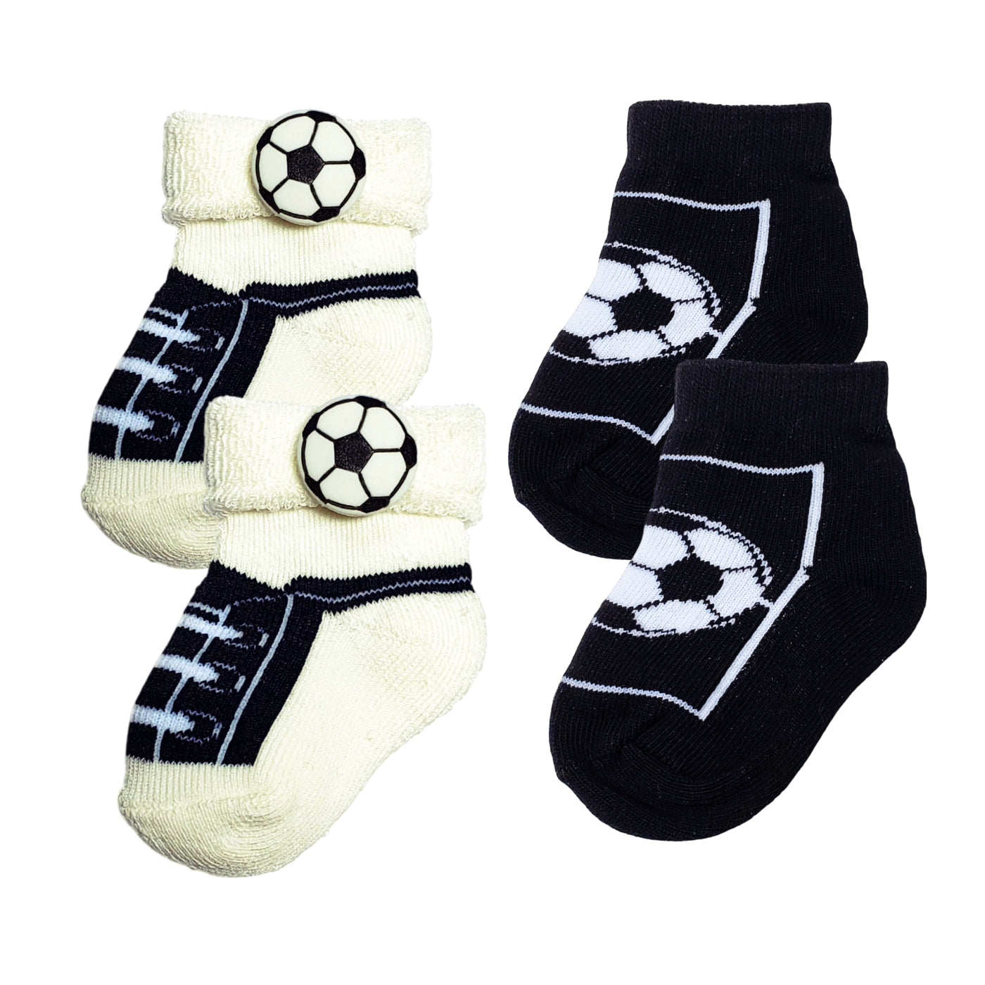 Two pairs of baby soccer socks for ages 0–12 months, includes one thicker and one thinner pair, black and white soccer theme.
