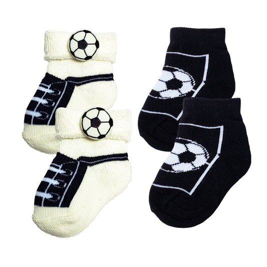 Two pairs of baby soccer socks for ages 0–12 months, includes one thicker and one thinner pair, black and white soccer theme.