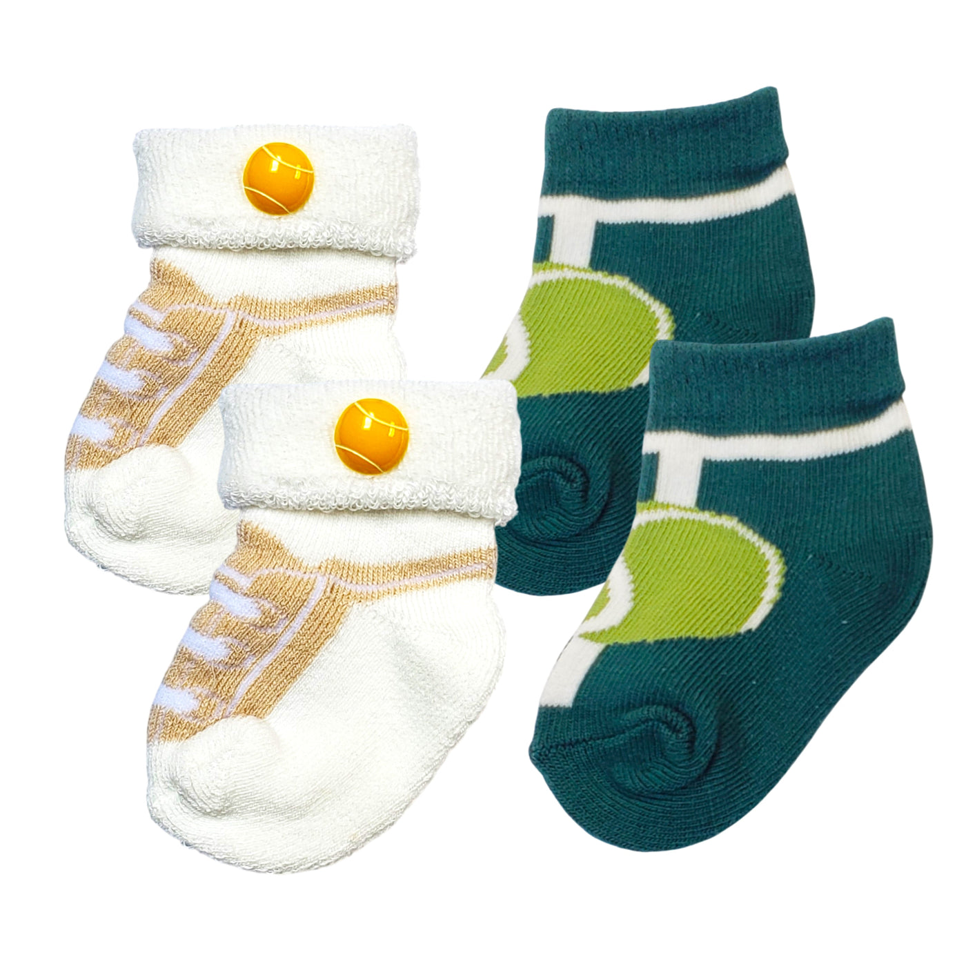 Two pairs of baby Tennis socks for 0–12 months, includes one thick and one thin pair, sporty green and tan design.