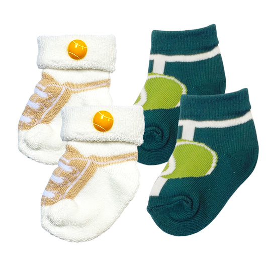 Two pairs of baby Tennis socks for 0–12 months, includes one thick and one thin pair, sporty green and tan design.
