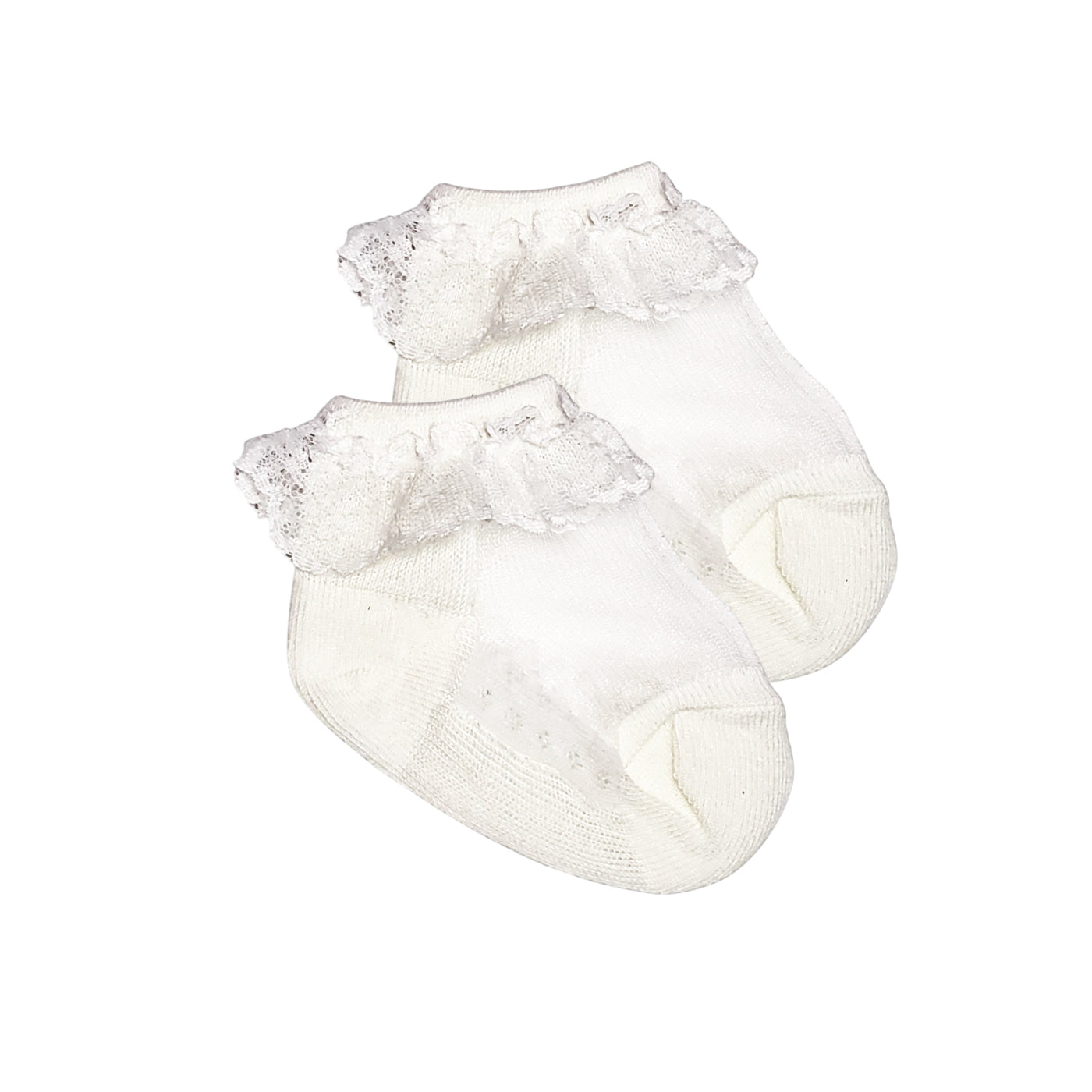 White baby girl dress socks with lace trim, lightweight and breathable, fits 3 to 12 months