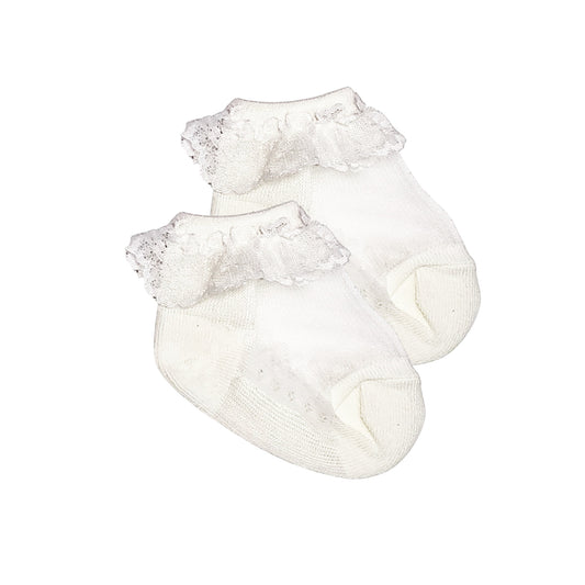 White baby girl dress socks with lace trim, lightweight and breathable, fits 3 to 12 months