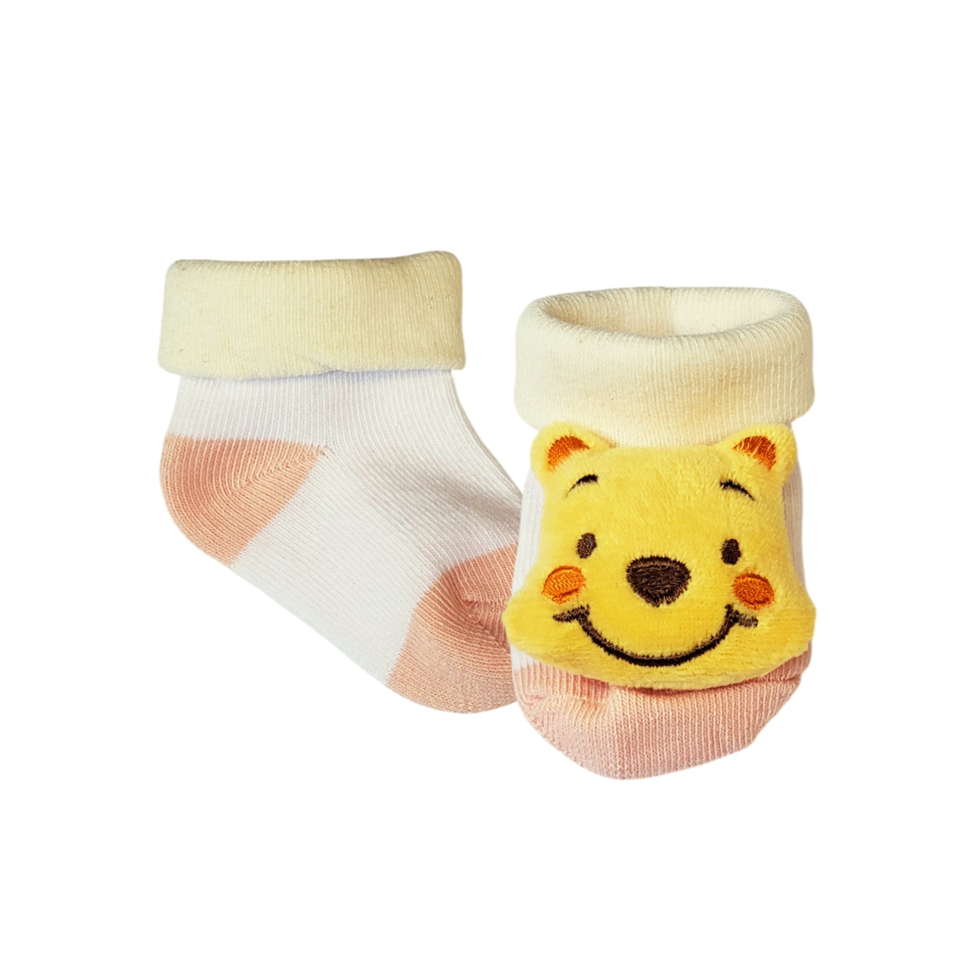 Baby socks with plush Winnie the Pooh yellow bear, for infants 0 to 6 months
