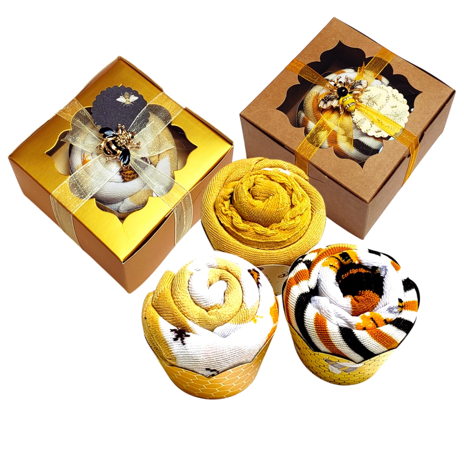 Bee-themed cupcake socks mini gift box for teen girls and women – perfect for small gifts, party favors, or just because.