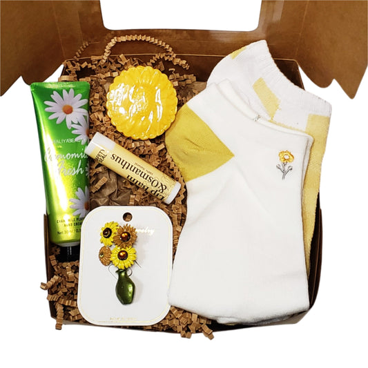  sunflower self-care gift box for women and teenage girls. Packaged with a ribbon bow and gift tag.