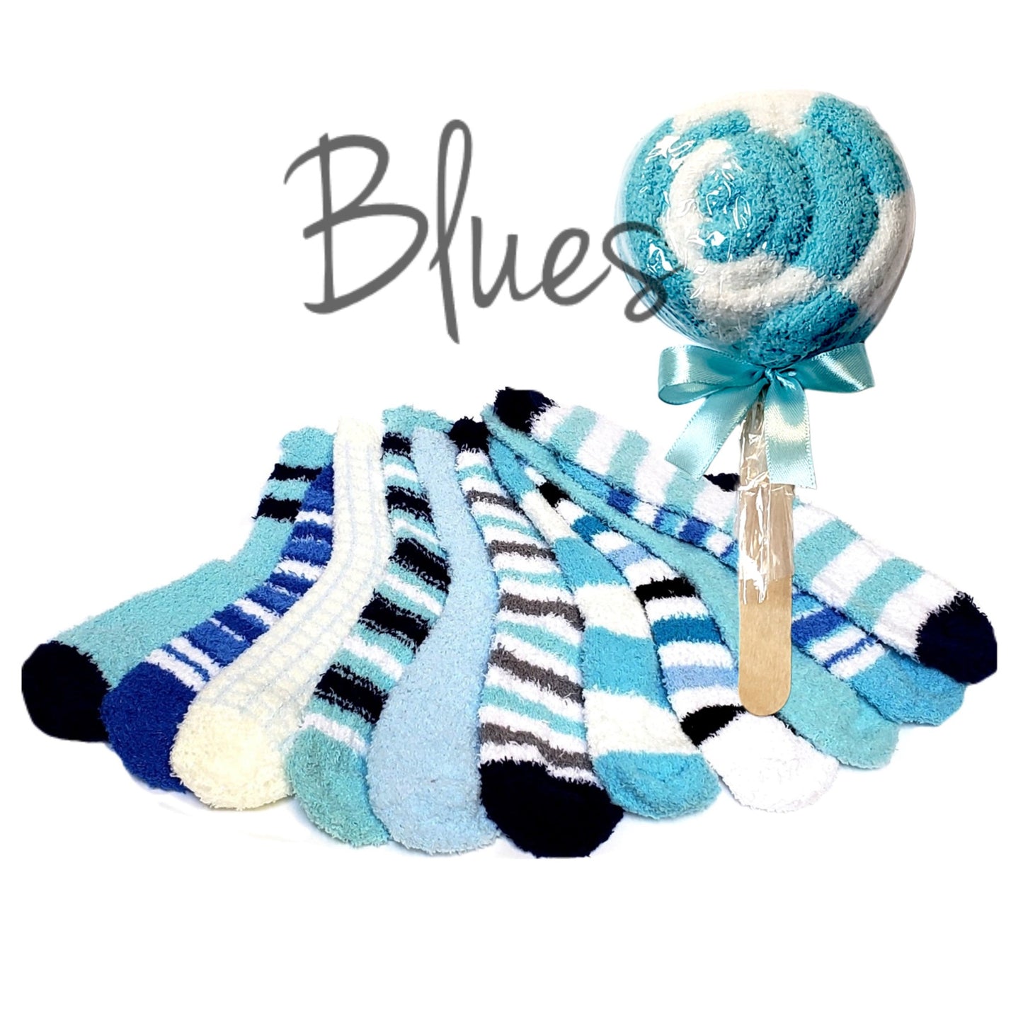 Blue lollipop socks gift favors for guests.