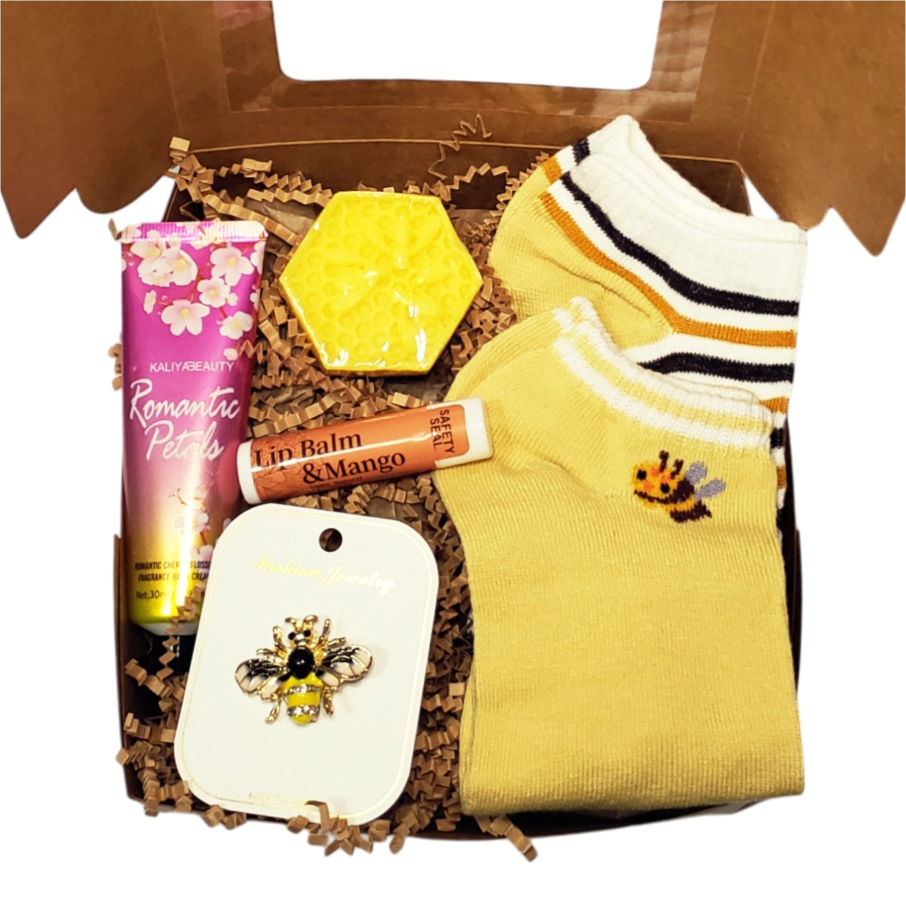 Bee-themed self-care gift set for women and teen girls. Packaged with a ribbon bow and gift tag, ready for gifting.