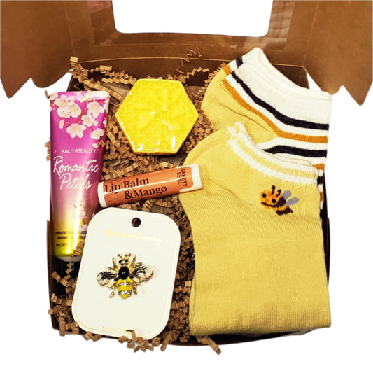 Bee-themed self-care gift set for women and teen girls. Packaged with a ribbon bow and gift tag, ready for gifting.