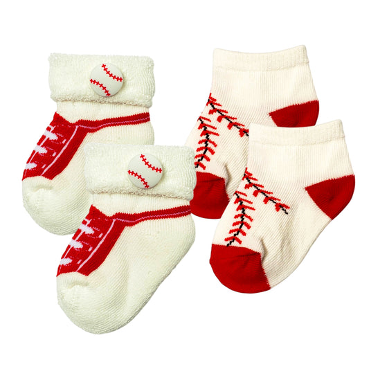 Two pairs of baby Baseball socks for ages 0–12 months, includes one thicker and one thinner pair, red and white Baseball theme.