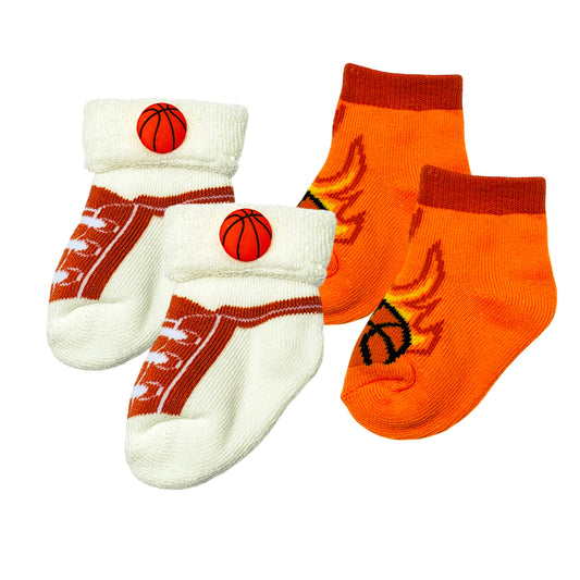 Two pairs of baby Basketball socks for ages 0–12 months, includes one thicker and one thinner pair, orange sporty basketball theme.