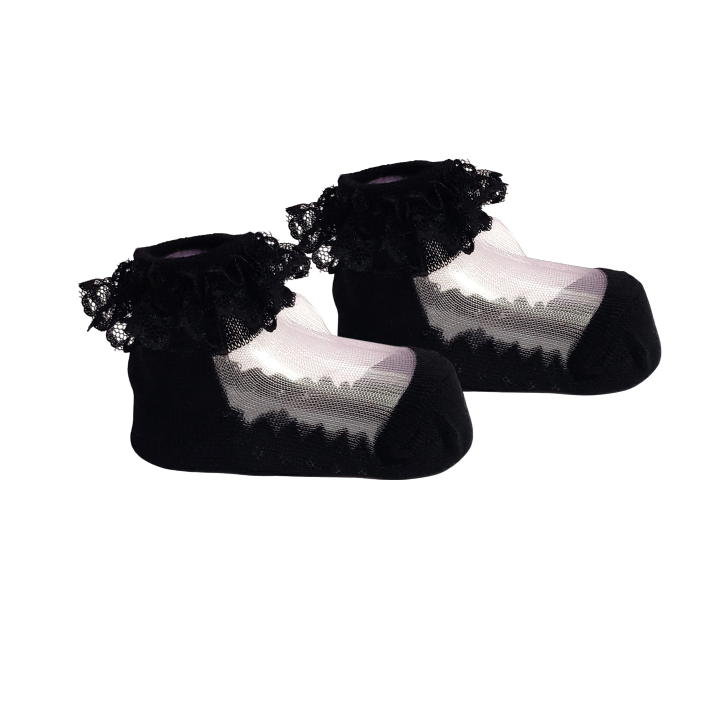 Black baby girl dress socks with lace trim, lightweight and breathable, for 3 to 12 months
