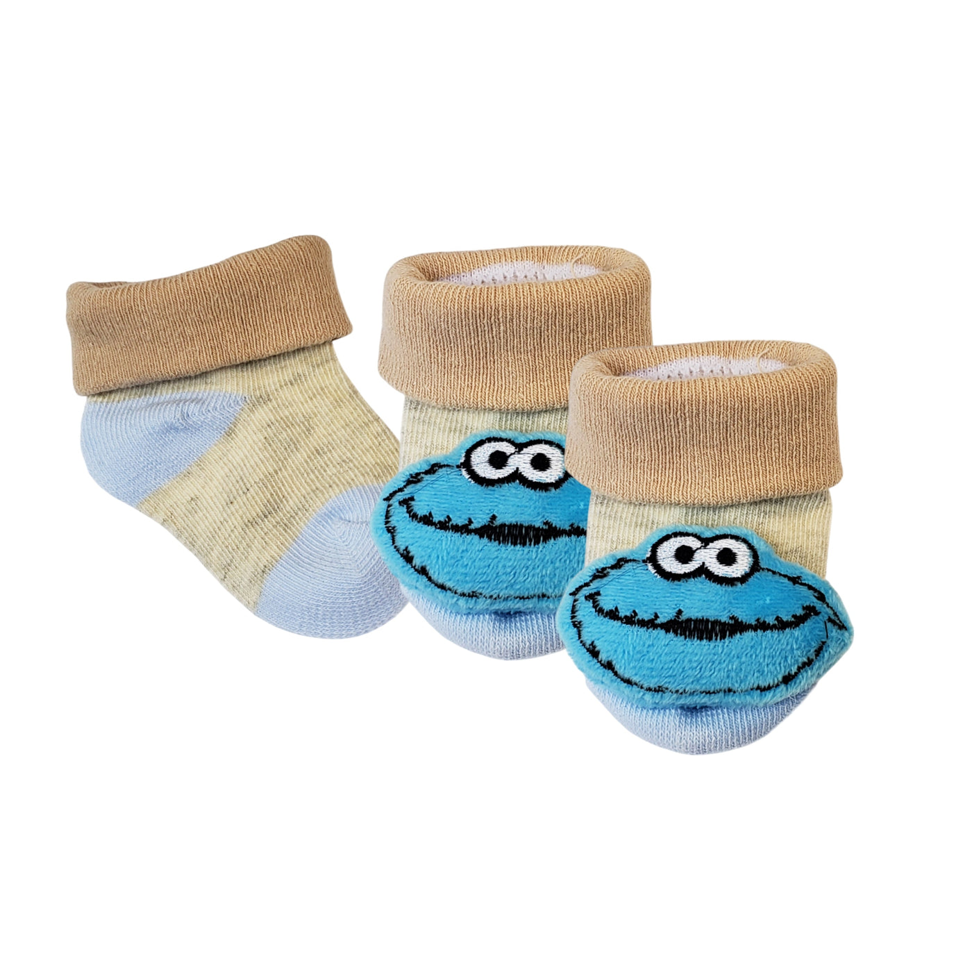 Baby socks with plush Cookie Monster-style head for infants 0 to 6 months