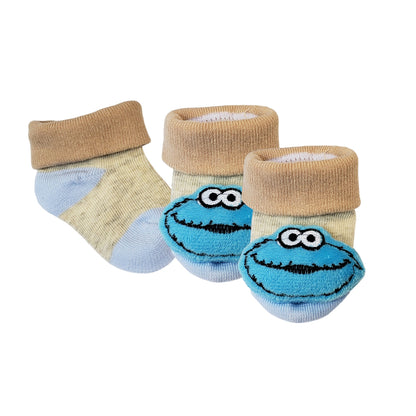 Baby socks with plush Cookie Monster-style head for infants 0 to 6 months