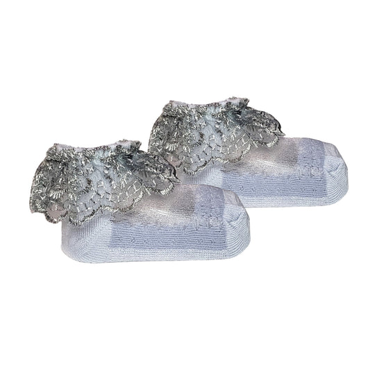 Dusty blue baby girl dress socks with lace trim, breathable and lightweight, for 3 to 12 months