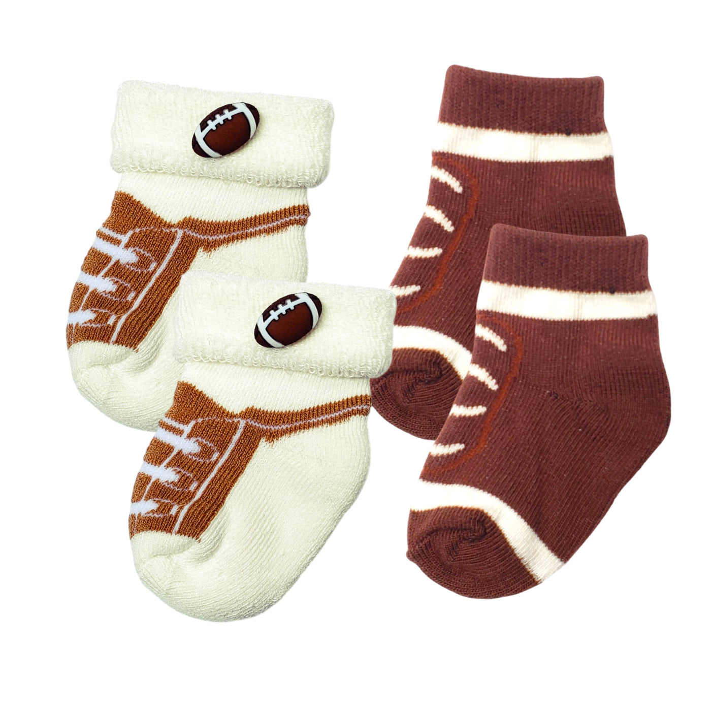 Two pairs of baby football socks for 0–12 months, includes one thick and one thin pair, brown football design with white laces.