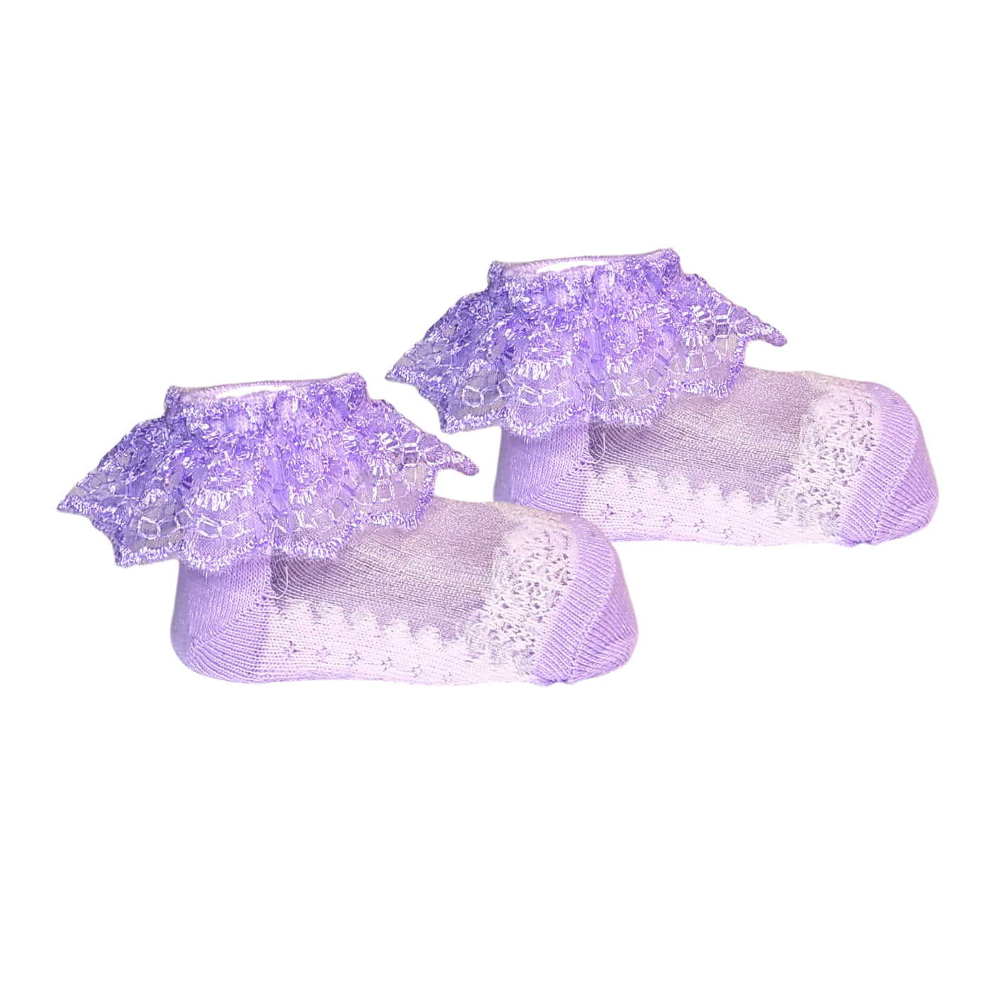 Lavender baby girl dress socks with lace trim, lightweight and breathable, for ages 3 to 12 months