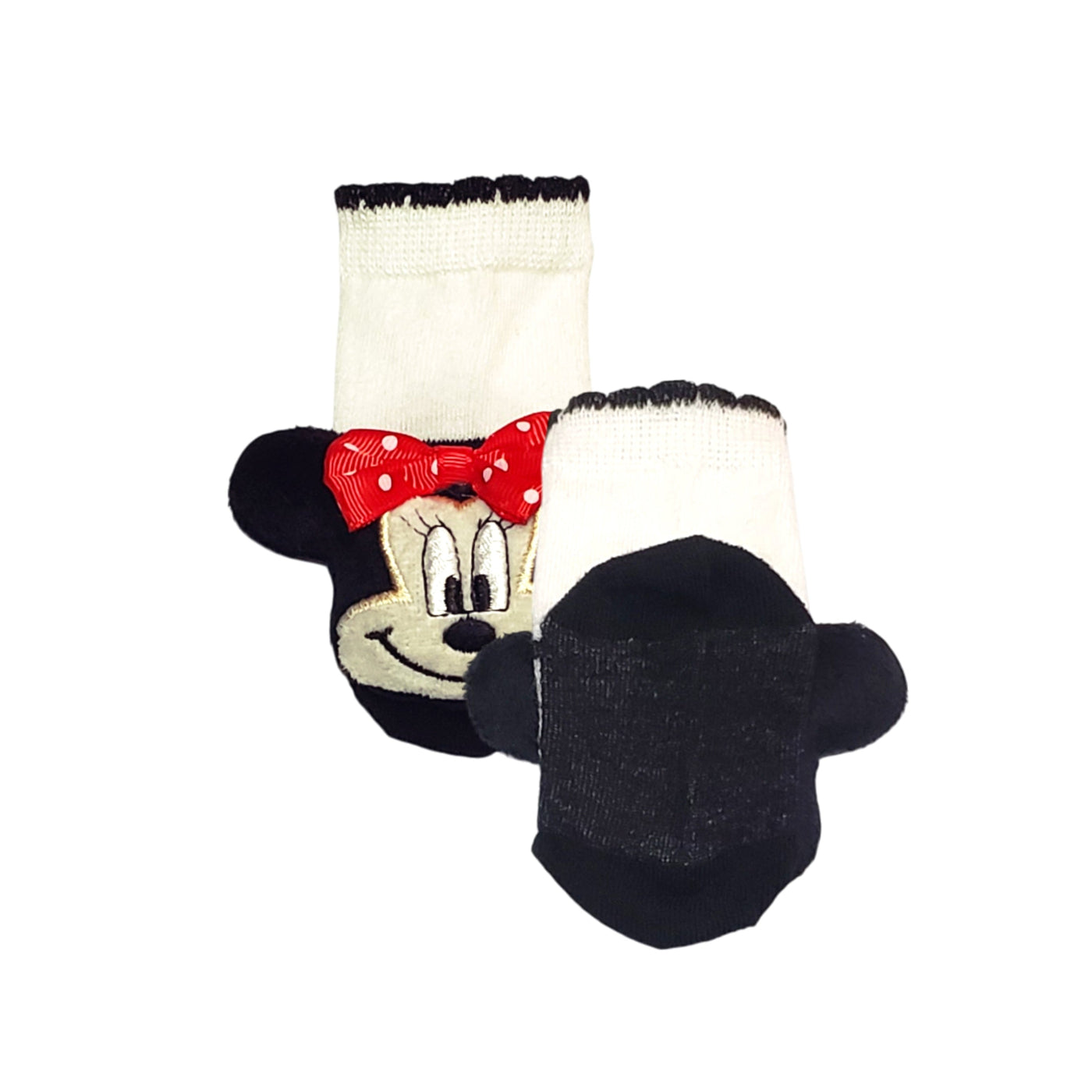 Handmade baby girl socks with plush Minnie Mouse Cartoon-style head for ages 3 to 12 months