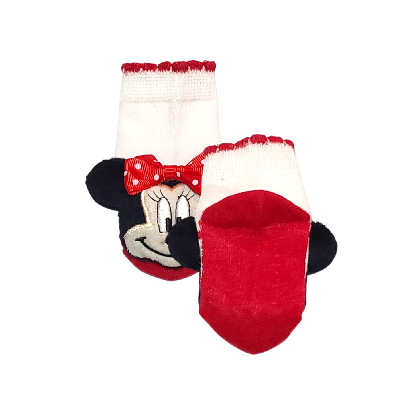 Handmade baby socks with Minnie Mouse plush head for ages 3 to 12 months
