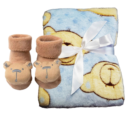 Teddy Bear Baby Socks and Blanket Gift Set