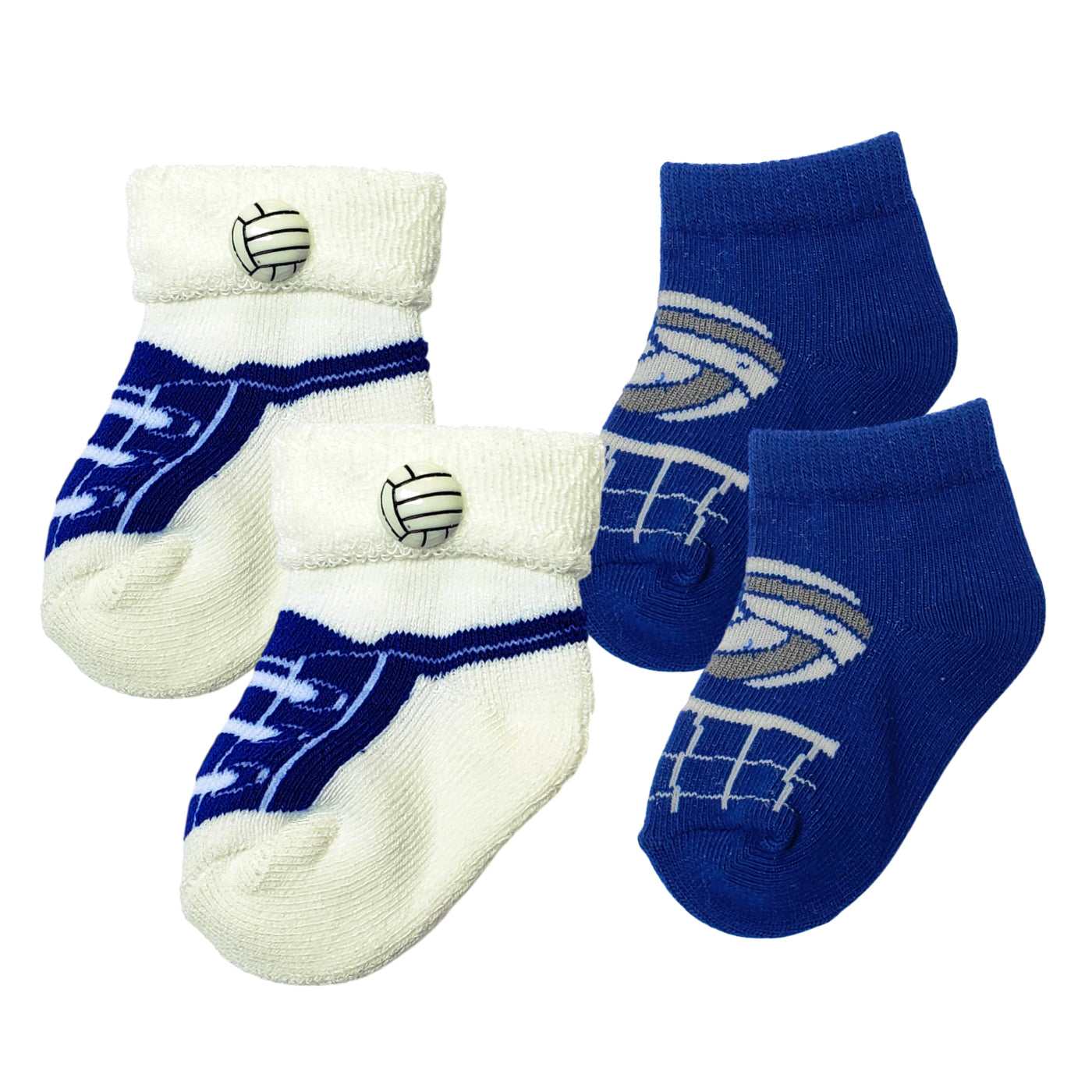 Two pairs of baby volleyball socks for 0–12 months, includes one thick and one thin pair, sporty white and blue design.