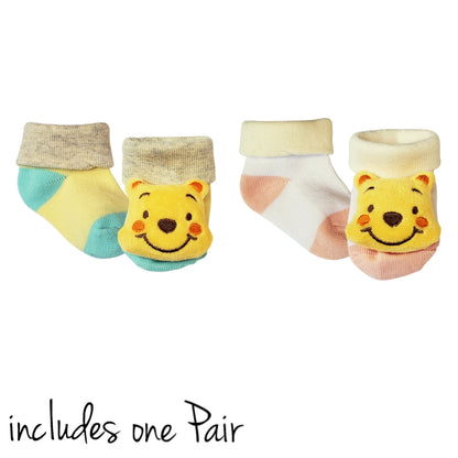 Baby socks with plush Winnie the Pooh yellow bear, for infants 0 to 6 months