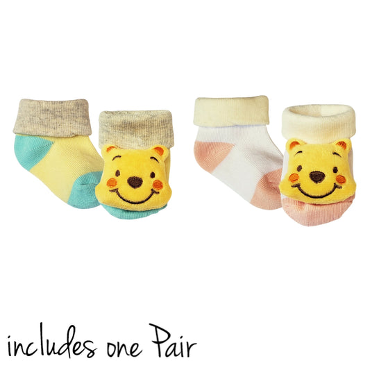 Baby socks with plush Winnie the Pooh yellow bear, for infants 0 to 6 months