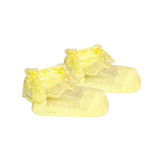 Butter yellow dressy baby socks with lace trim for girls 3–12 months – lightweight and breathable